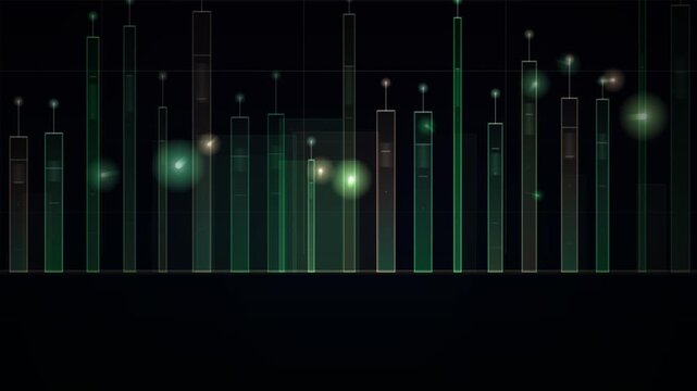 Seamless looping abstract data visualization with glowing green bars and floating luminous spheres