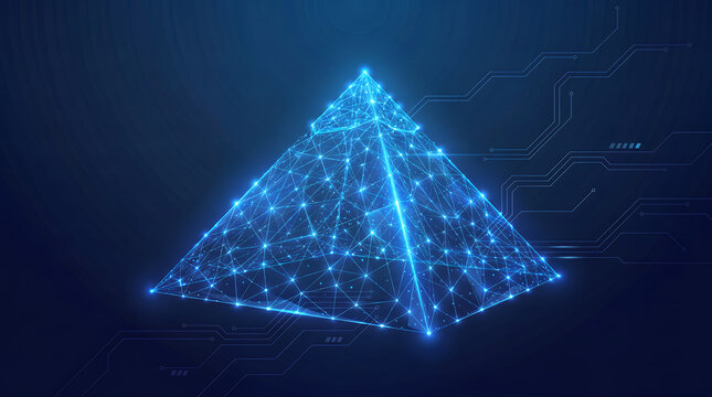 Futuristic vector illustration of a geometric pyramid composed of glowing blue low poly wireframe, circuit lines, and luminous network dots on dark background.
