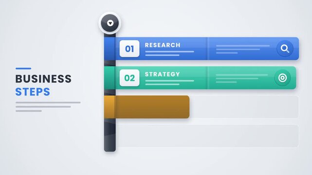 Four step business process infographic from design to launch concept for product plan presentation and startup strategy explanation animation