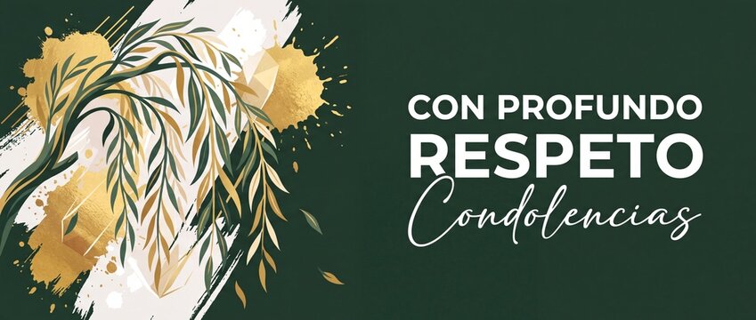Spanish condolence banner sympathy card background with botanical leaves and gold paint splashes displaying text con profundo respeto condolencias for funeral mourning card tribute banner design