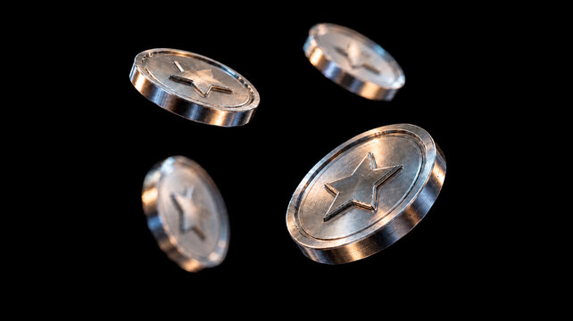 Metal cryptocurrency tokens with embossed symbols floating against a black background. Digital currency and blockchain finance concept. Virtual money, cashless payments and investment.