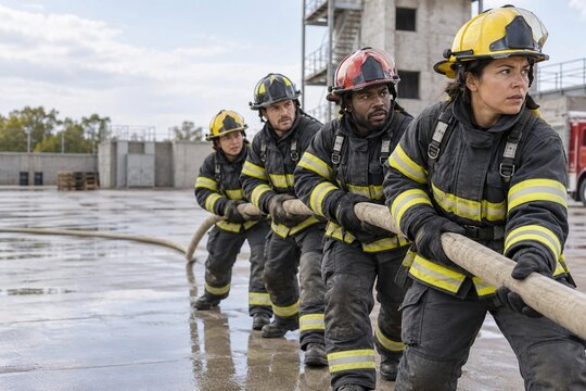 Team of firefighters in helmets pulling heavy fire hose together at training ground, teamwork drill, rescue