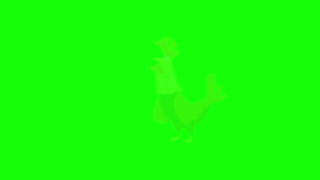 Animated cartoon rooster walking cheerfully across bright green chroma key background on white background