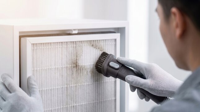Air purifier filter cleaning with vacuum brush attachment by technician in white gloves, home appliance maintenance concept
