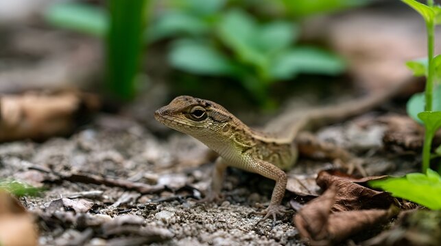 A small lizard with textured scales stands alert on forest floor amidst green foliage and dry leaves under natural light