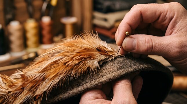 Artisan milliner crafting felt hat with feather detail, traditional hatmaker pinning plumage in workshop, vintage bespoke headwear creation