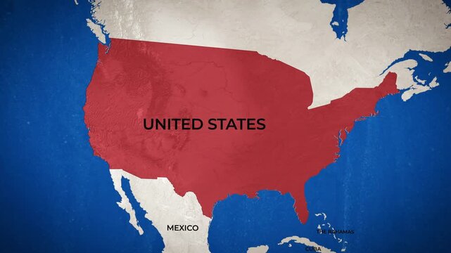 Animated red map of the United States highlighting country boundaries with motion graphics video clip