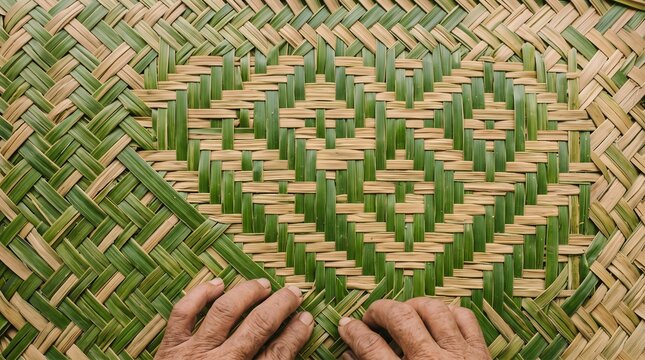 Handwoven green palm leaf mat texture, traditional artisan bamboo craft work, natural organic braided mat pattern detail