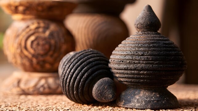 Two dark textured ceremonial objects with ribbed patterns rest on a gravel surface  one upright and one lying down  with carved wooden elements