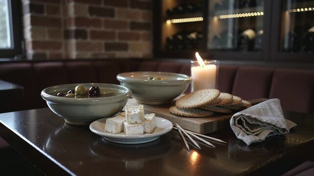 Pulling back camera revealing spread in bar, showing wine rack, with olives and candle flickering