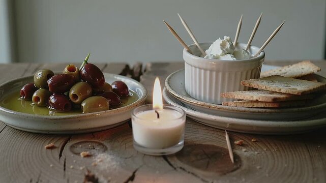 Flickering small tealight candle on wooden tabletop from soft draft, revealing olives and crackers