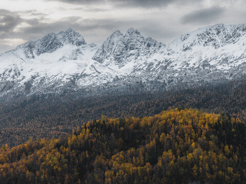 Aerial view of Knik River surrounded by snow-capped mountains and vibrant autumn forest under a cloudy sky in Knik River, Alaska, United States.