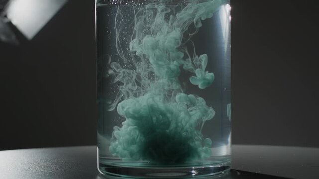 Dropping teal dye forming plumes inside clear glass on tabletop, creating mixing patterns