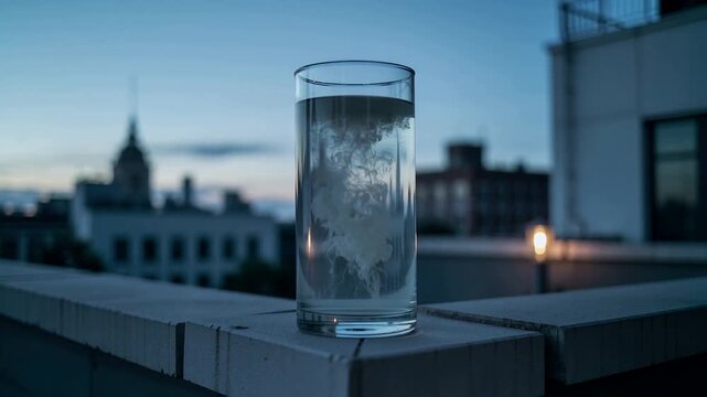 Pouring white pigment entering water, forming cloud-like plume inside tall glass on parapet at dusk