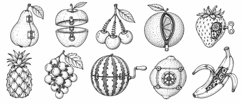 Steampunk Mechanical Fruit Collection with Clockwork Pear, Apple, Orange, Strawberry and Banana
