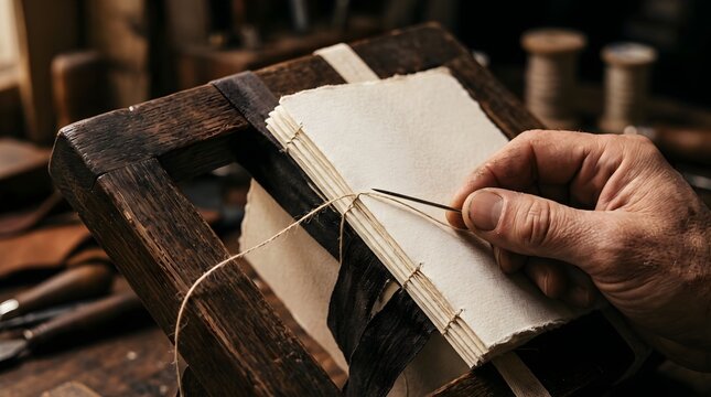 Vintage bookbinding process in artisan workshop, craftsman hand stitching paper pages with needle and thread, traditional craft press