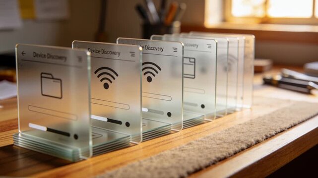 Shifting camera revealing Device Discovery glass panels on wooden desk by window