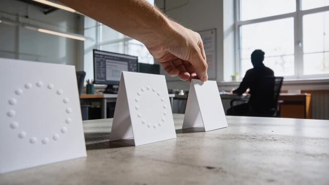 Entering from top-left hand in shortsleeve nudging, aligning tent cards embossed on office desk