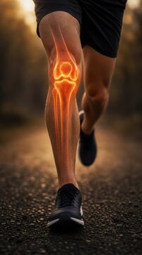 Runner's leg with a glowing highlighted knee joint showing anatomical structure during motion on an outdoor path.