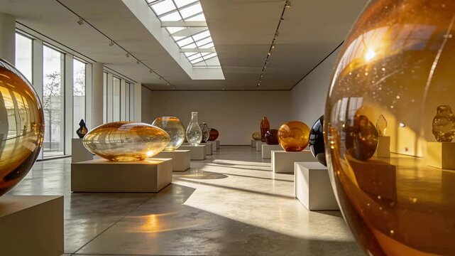 Pulling camera panning left, revealing gallery with large amber glass sphere reflections