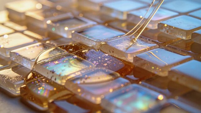 Pouring spout releasing thick gold glitter resin on studio tabletop iridescent tiles, forming sheen