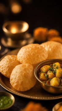 A close-up of a traditional Indian meal featuring crispy puris served with a bowl of spiced potato curry.