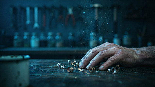 Carpenter hand working on a wooden table with tools visible in the workshop background carpenter woodworking workshop craftsman furniture professional carpentry material background lighting