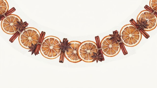 Dried citrus slices and spices arranged in decorative watercolor illustration pattern with decorative arrangement illustration displays spice mix
