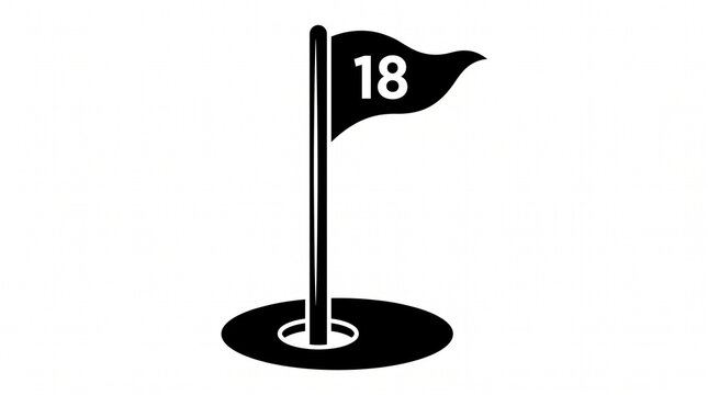 Minimalist black silhouette icon of a golf hole with a flagstick and a waving pennant flag showing the number 18, set in an oval cup on a clean white background, flat vector style, high contrast, simp