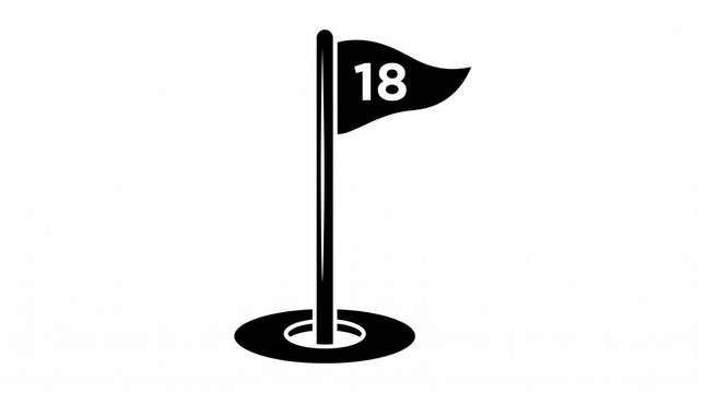 Minimalist black silhouette icon of a golf hole with a flagstick and a waving pennant flag showing the number 18, set in an oval cup on a clean white background, flat vector style, high contrast, simp