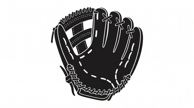 Black and white vector silhouette of a baseball glove with white stitching details, laced web pattern, and clean bold outlines on a plain white background.