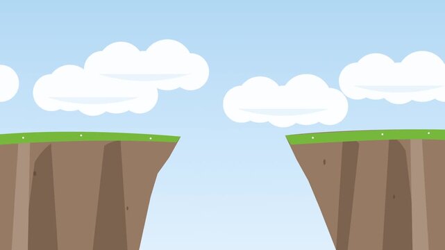 2D flat animation of a deep canyon gap between two cliffs with moving clouds in a blue sky. Ideal for risk, challenge, gap, or adventure concepts.