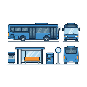 Modern Blue Illustrated Bus Station with Various Buses and Shelter Amenities with high quality professional line art symbols for modern creative design and digital branding projects