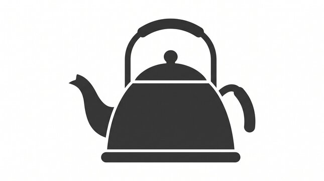 Minimalist black silhouette icon of a classic kettle with a domed lid, arched top handle, side grip, and curved spout, bold flat solid vector style with thin white cut-out details on a plain white bac