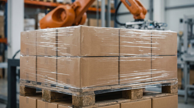 Robotic palletizer packaging boxes on a wooden pallet in a factory  