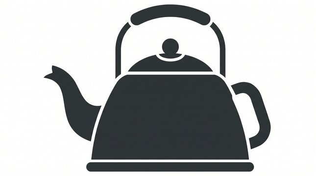 Minimalist black silhouette icon of a classic kettle with a domed lid, arched top handle, side grip, and curved spout, bold flat solid vector style with thin white cut-out details on a plain white bac