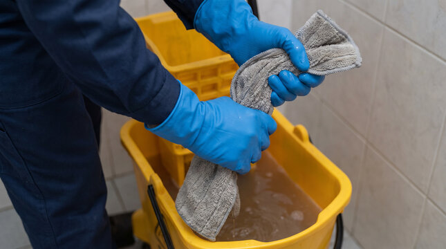 Janitor mopping health room floor with a wet mop and bucket  