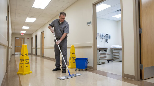 Janitor mopping health room floor in a hospital corridor  