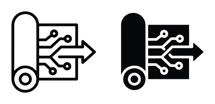 Circuit board icon set with data flow arrow for technology and science