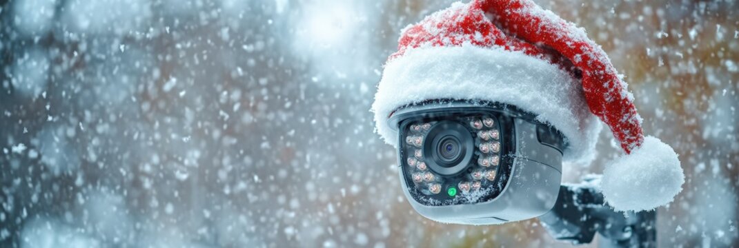Security camera with Santa hat under falling snow during winter
