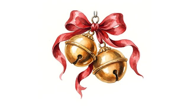 Watercolor illustration of two golden jingle bells with a red ribbon bow