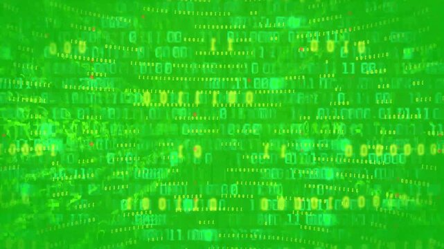 Green binary code streaming across dark screen background in motion video footage