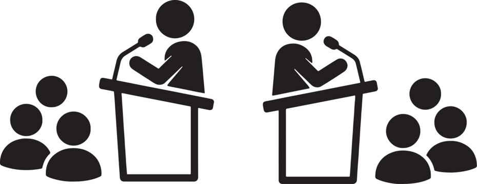 Simple black and white icon illustration of two people debating at podiums in front of an audience