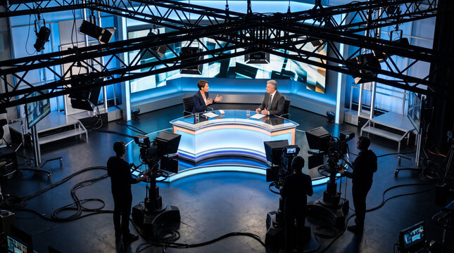 Television news studio interview with anchor and guest