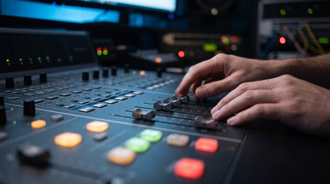 Hands adjusting audio mixing console faders