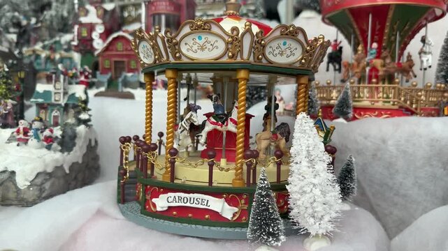 christmas village with carousels and snow, concept of holiday retail, event planning, banner