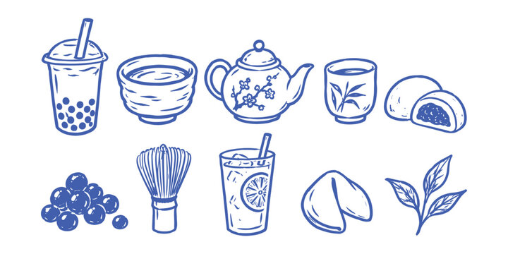 Asian boba tea and matcha drink elements doodle set Vector Illustration   