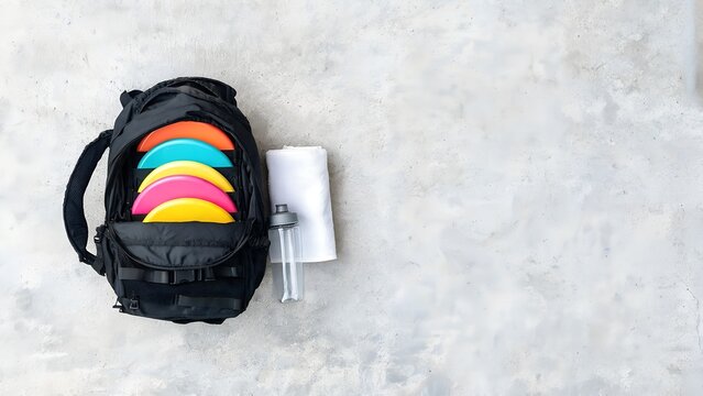 Disc golf backpack and gear flat lay on concrete with copy space