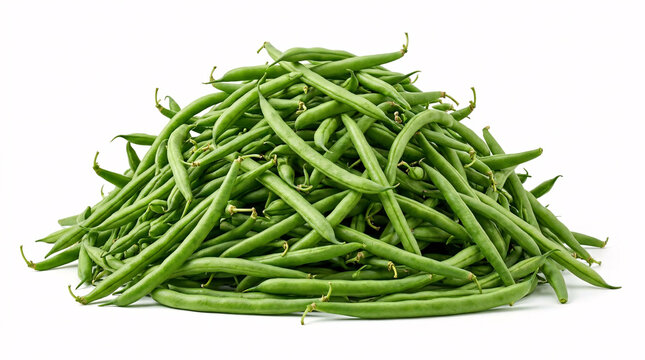 Large pile of fresh raw green string beans isolated on a white background.