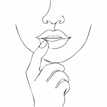 A clean, elegant minimalist continuous line art vector illustration featuring a woman's face, sensual lips, and delicate hand gesture touching the chin or lips. Perfect for beauty, skincare, cosmetics